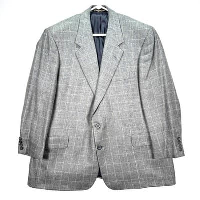 H. Freeman Mens 44 R Grey Windowpane Plaid Wool Sport Coat Blazer Made USA 44R