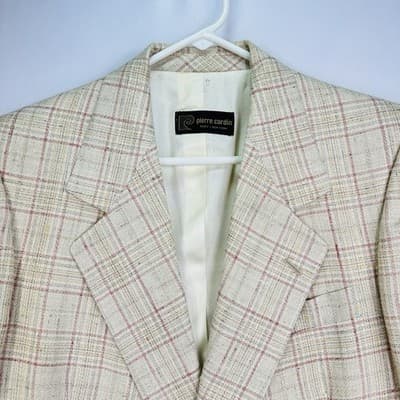 Vintage Pierre Cardin Mens 40 L Plaid Blazer Tan Red 2-Button Sport Coat