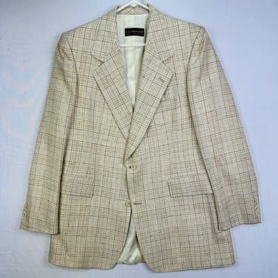 Vintage Pierre Cardin Mens 40 L Plaid Blazer Tan Red 2-Button Sport Coat - Thumbnail 2