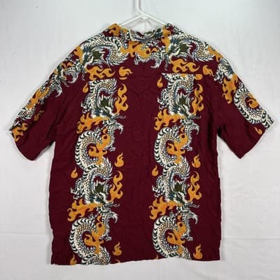 Guess Jeans Rayon Shirt Mens Large Red Button Up Short Sleeve Dragon Flame Print - Thumbnail 3