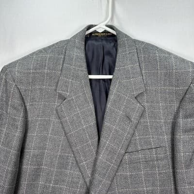 H. Freeman Mens 44 R Grey Windowpane Plaid Wool Sport Coat Blazer Made USA 44R - Thumbnail 2