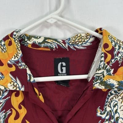Guess Jeans Rayon Shirt Mens Large Red Button Up Short Sleeve Dragon Flame Print - Thumbnail 4