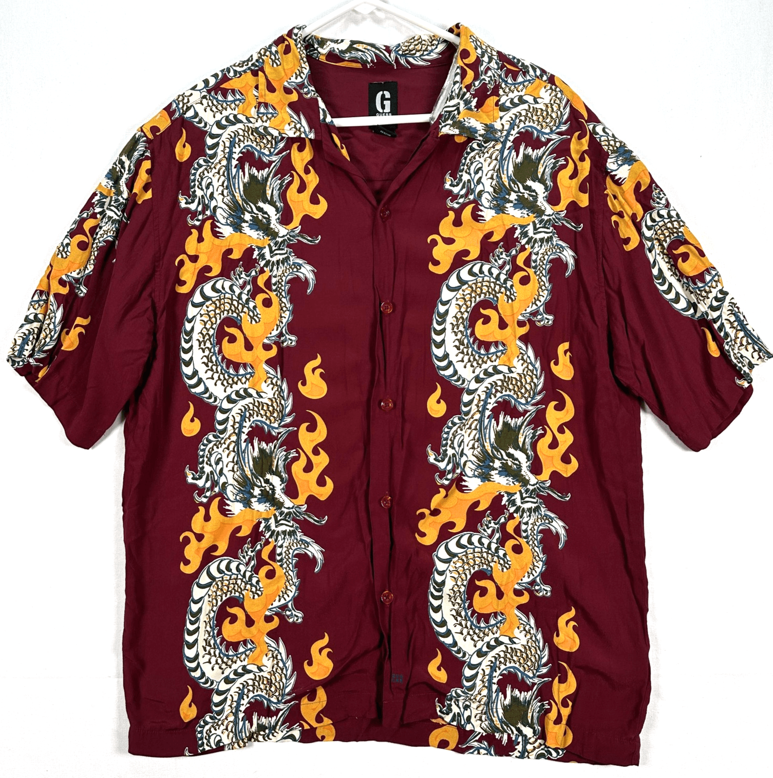 Guess Jeans Rayon Shirt Mens Large Red Button Up Short Sleeve Dragon Flame Print