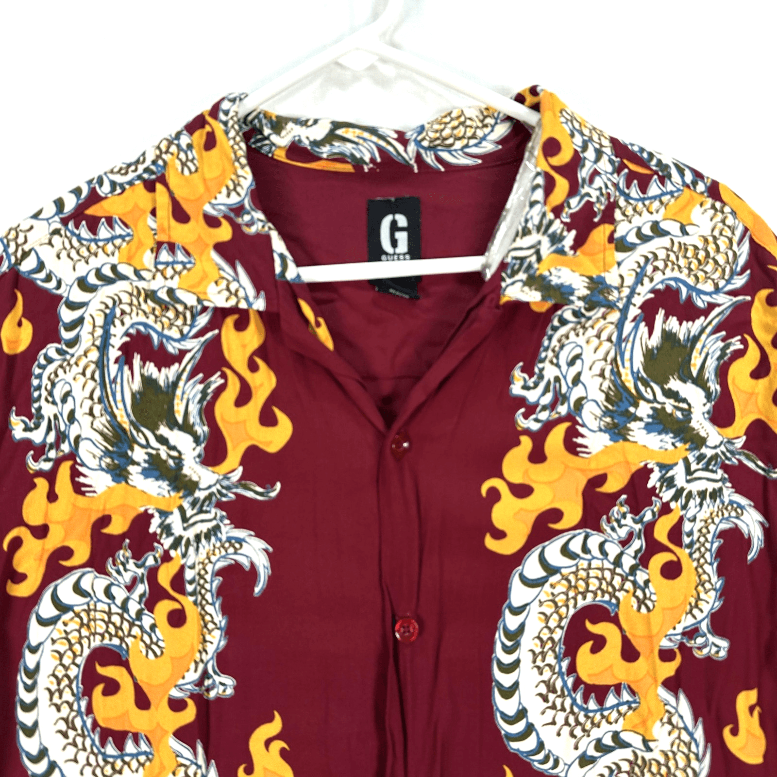 Guess Jeans Rayon Shirt Mens Large Red Button Up Short Sleeve Dragon Flame Print - Thumbnail 2