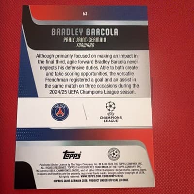 2025-26 Topps FLAGSHIP UEFA Club Competitions #63 Bradley Barcola, Paris Saint-G - Thumbnail 6