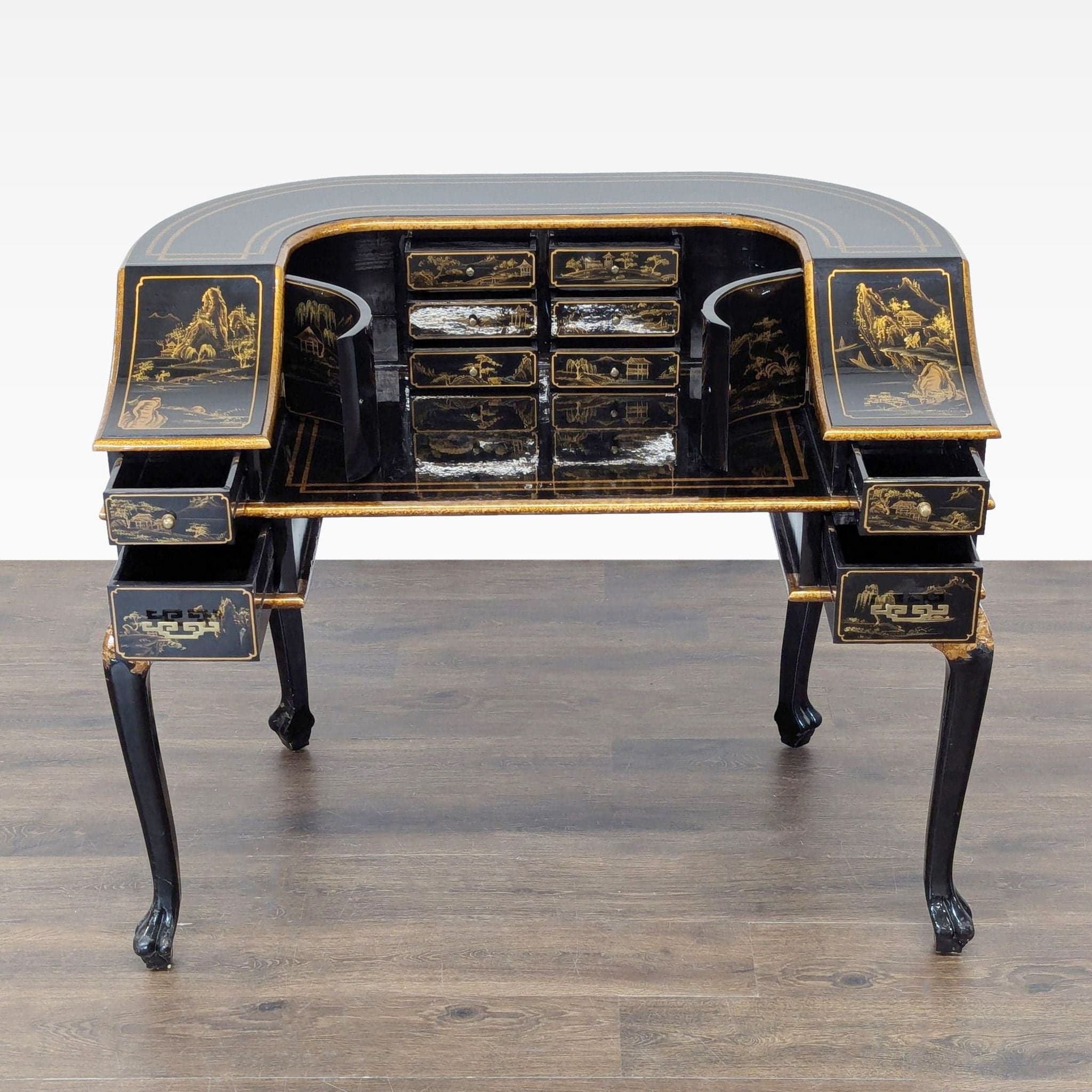 Hand-Painted Chinoiserie Desk and Chair in Black Lacquer - Thumbnail 3