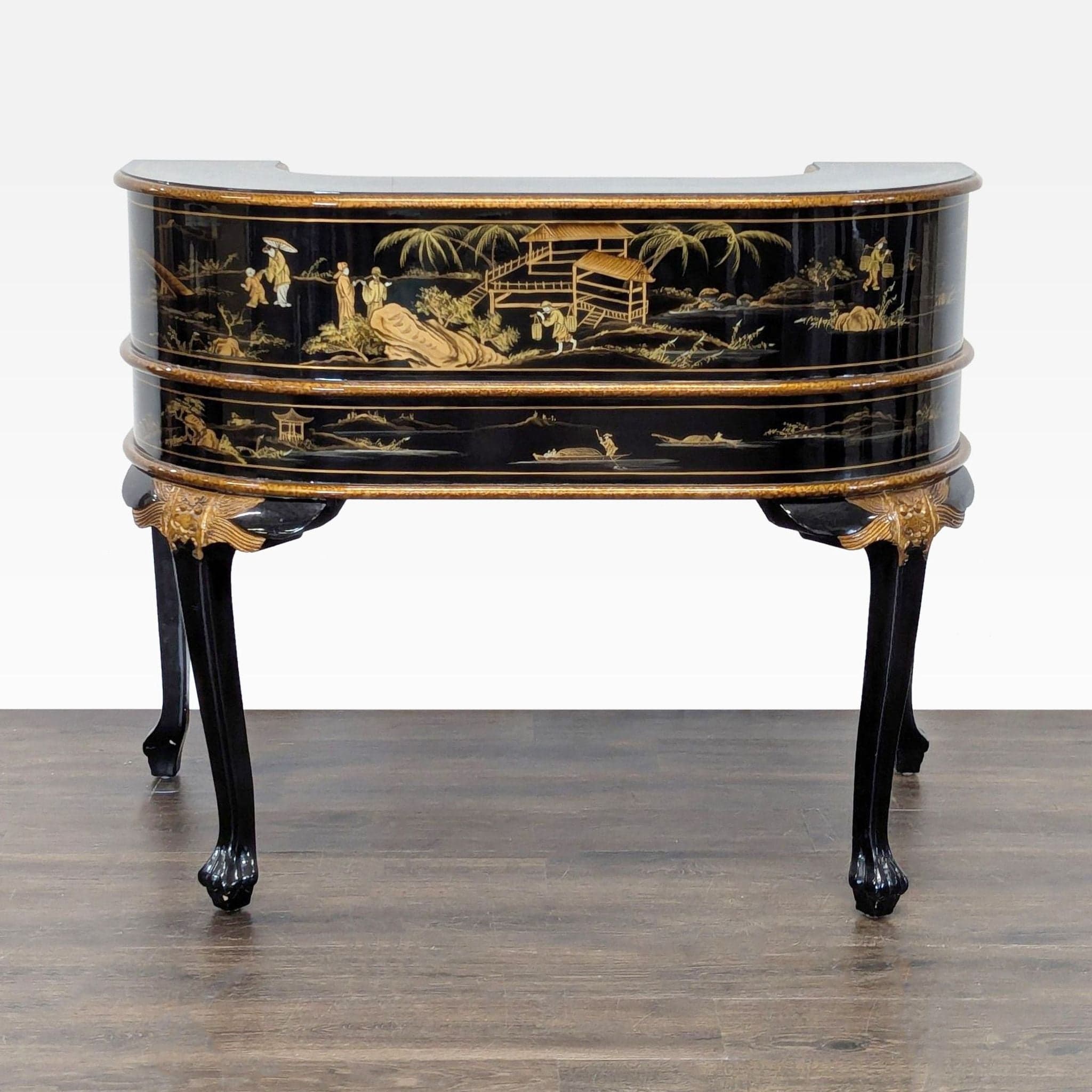 Hand-Painted Chinoiserie Desk and Chair in Black Lacquer - Thumbnail 4