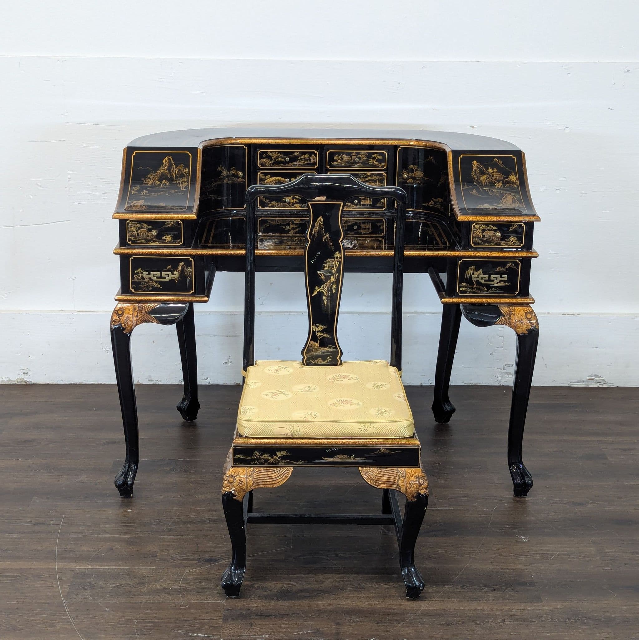 Hand-Painted Chinoiserie Desk and Chair in Black Lacquer - Thumbnail 13
