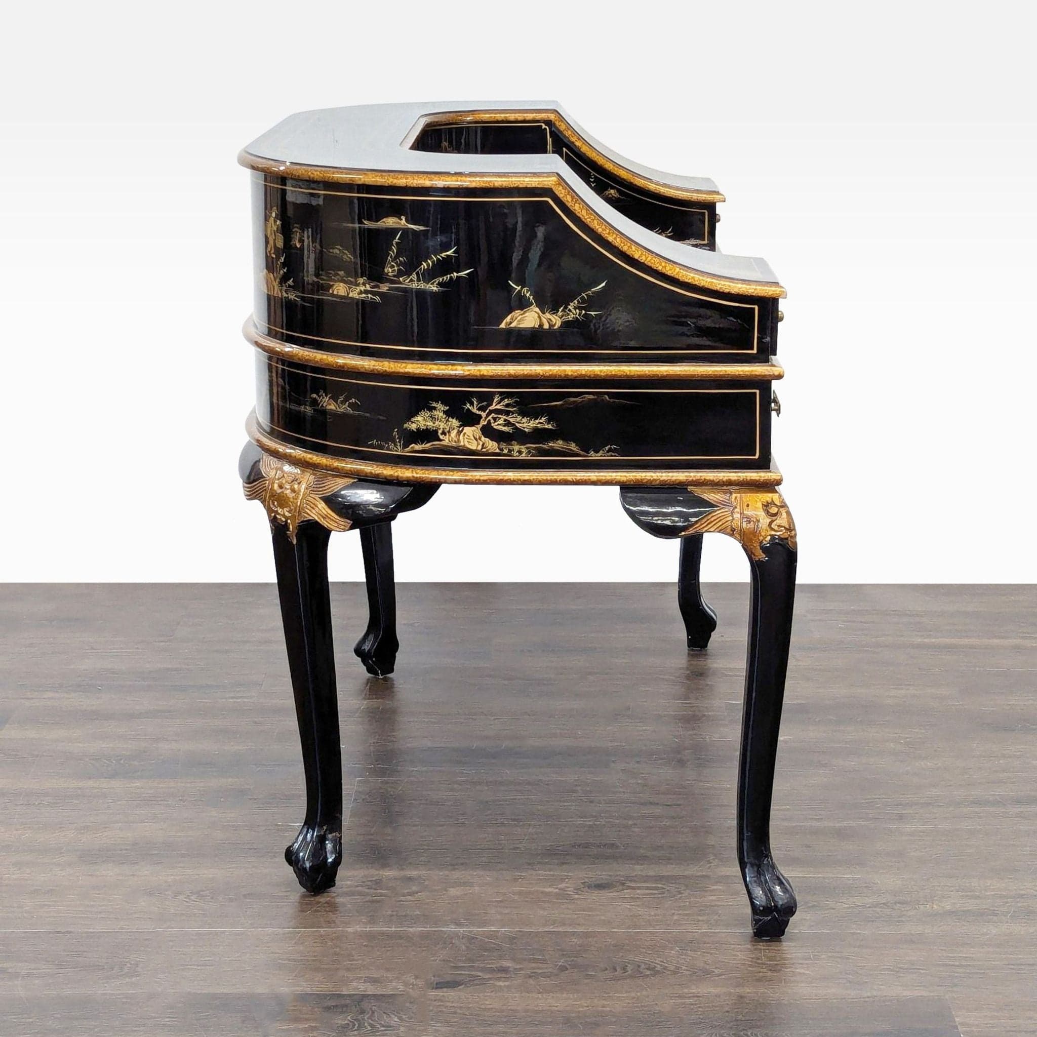 Hand-Painted Chinoiserie Desk and Chair in Black Lacquer - Thumbnail 5