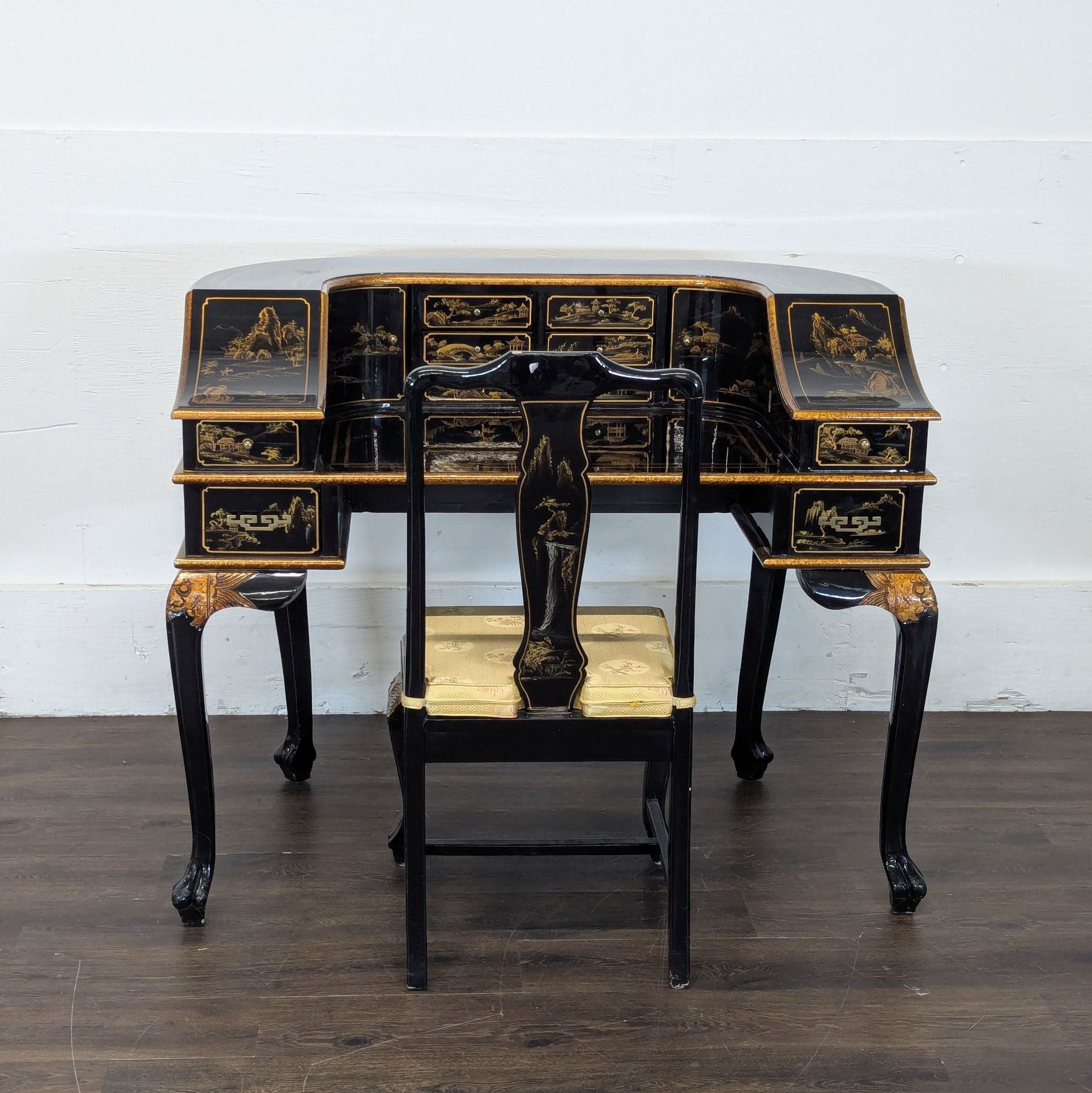 Hand-Painted Chinoiserie Desk and Chair in Black Lacquer - Thumbnail 12