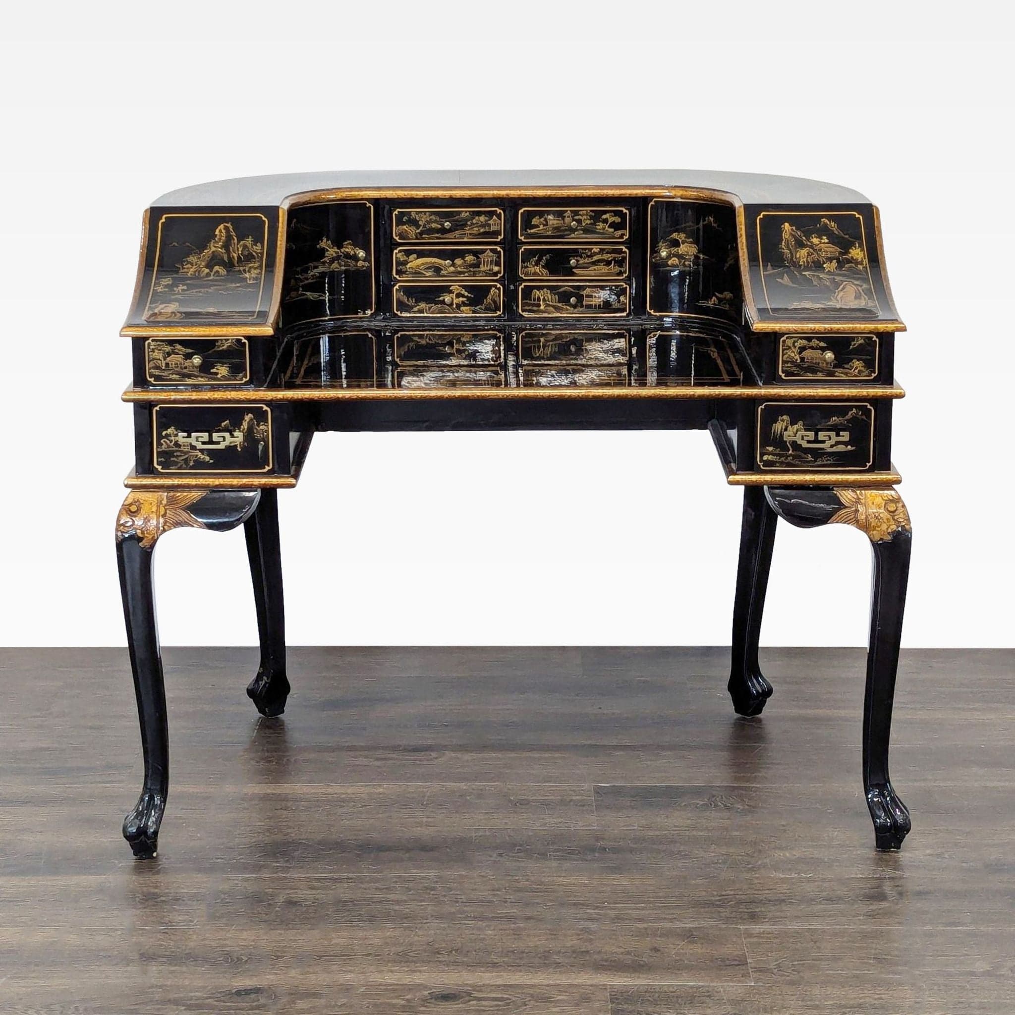 Hand-Painted Chinoiserie Desk and Chair in Black Lacquer - Thumbnail 2