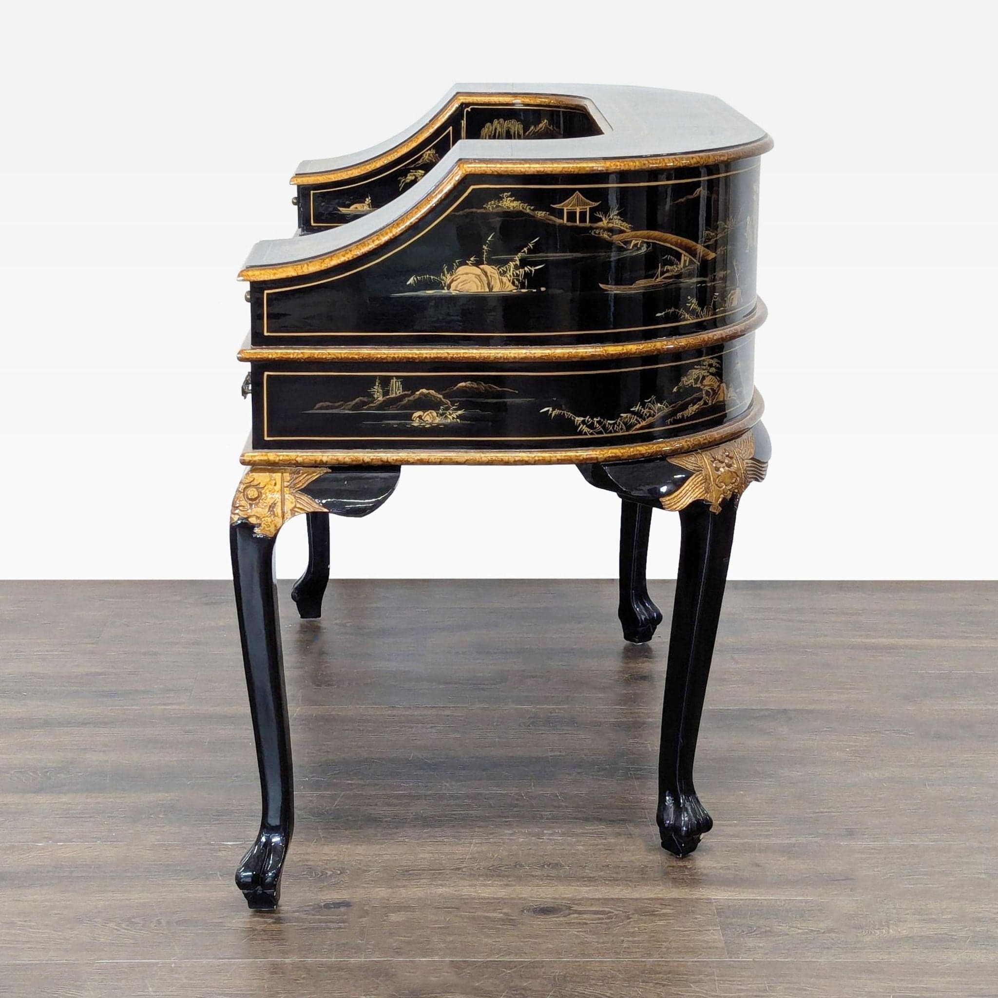 Hand-Painted Chinoiserie Desk and Chair in Black Lacquer - Thumbnail 11