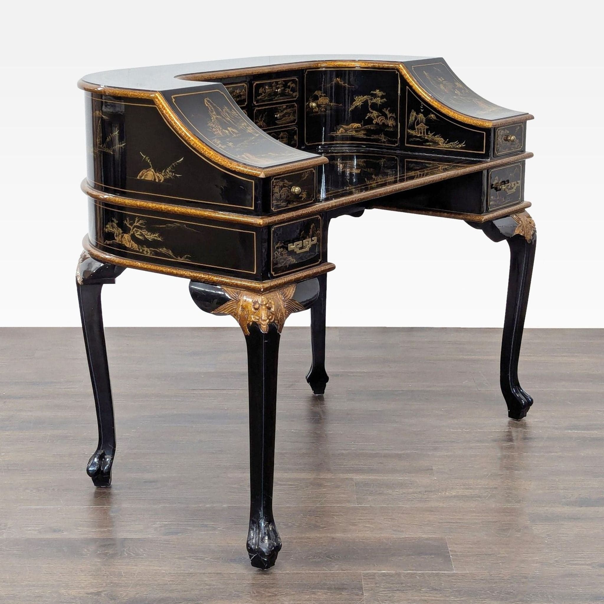 Hand-Painted Chinoiserie Desk and Chair in Black Lacquer - Thumbnail 6