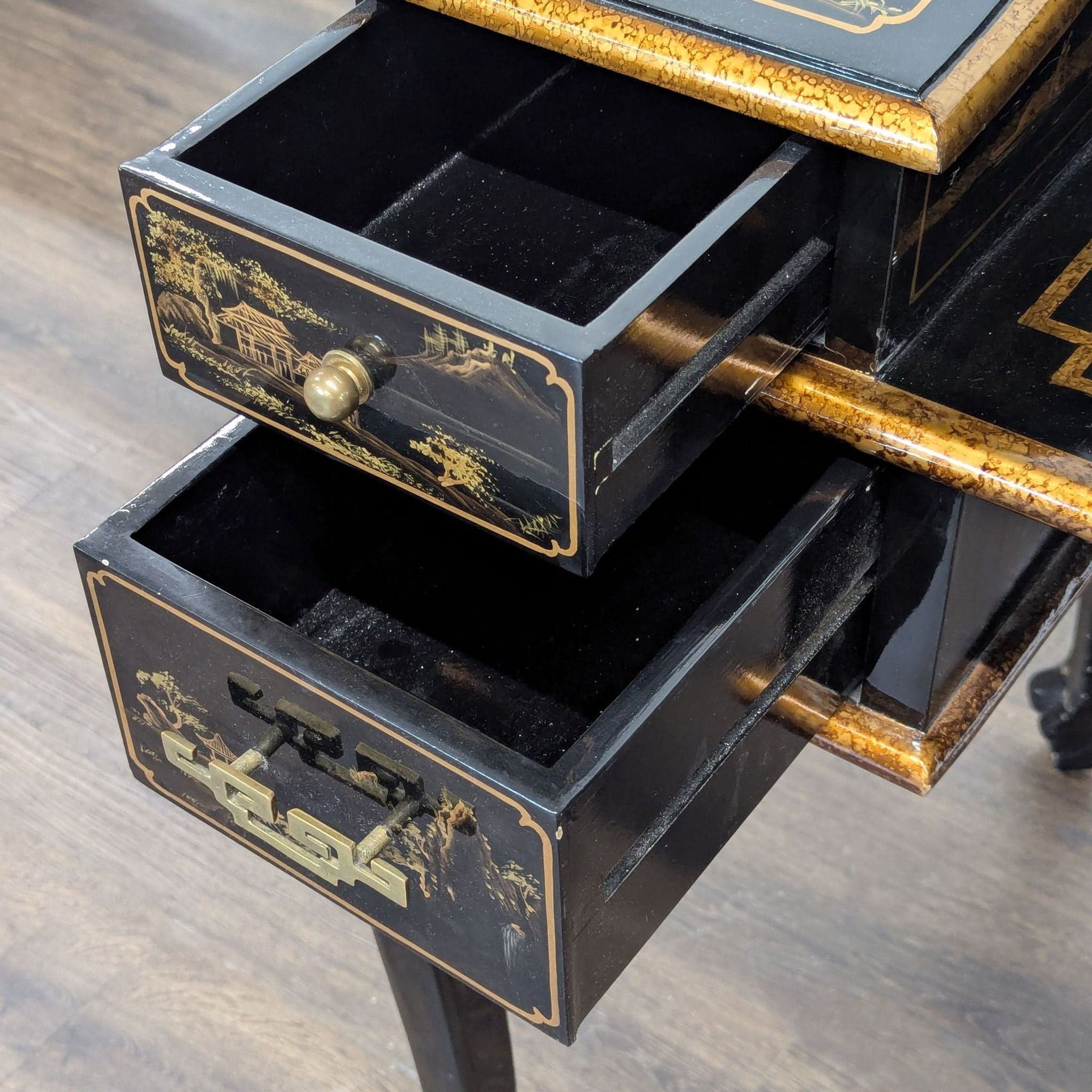 Hand-Painted Chinoiserie Desk and Chair in Black Lacquer - Thumbnail 8