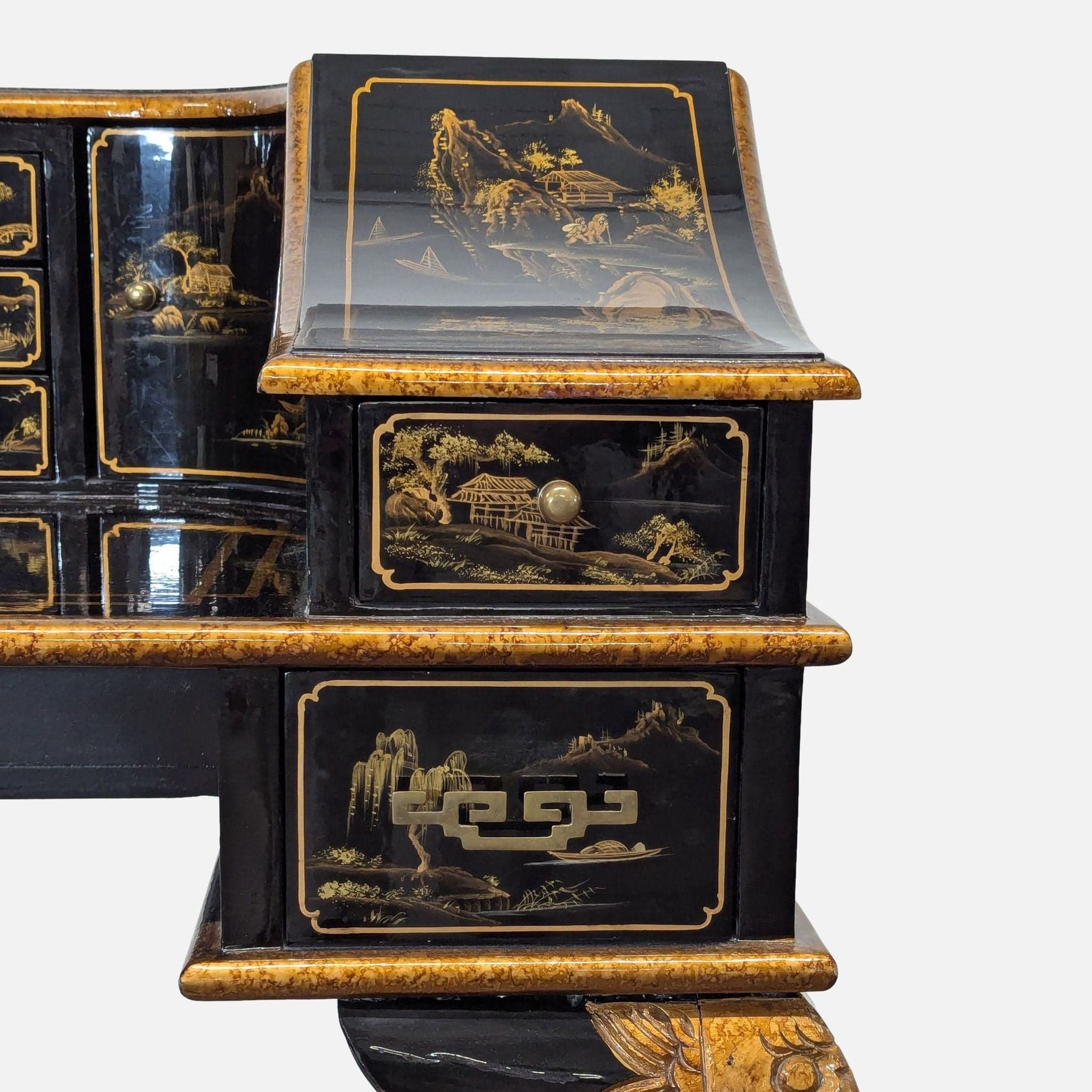 Hand-Painted Chinoiserie Desk and Chair in Black Lacquer - Thumbnail 9