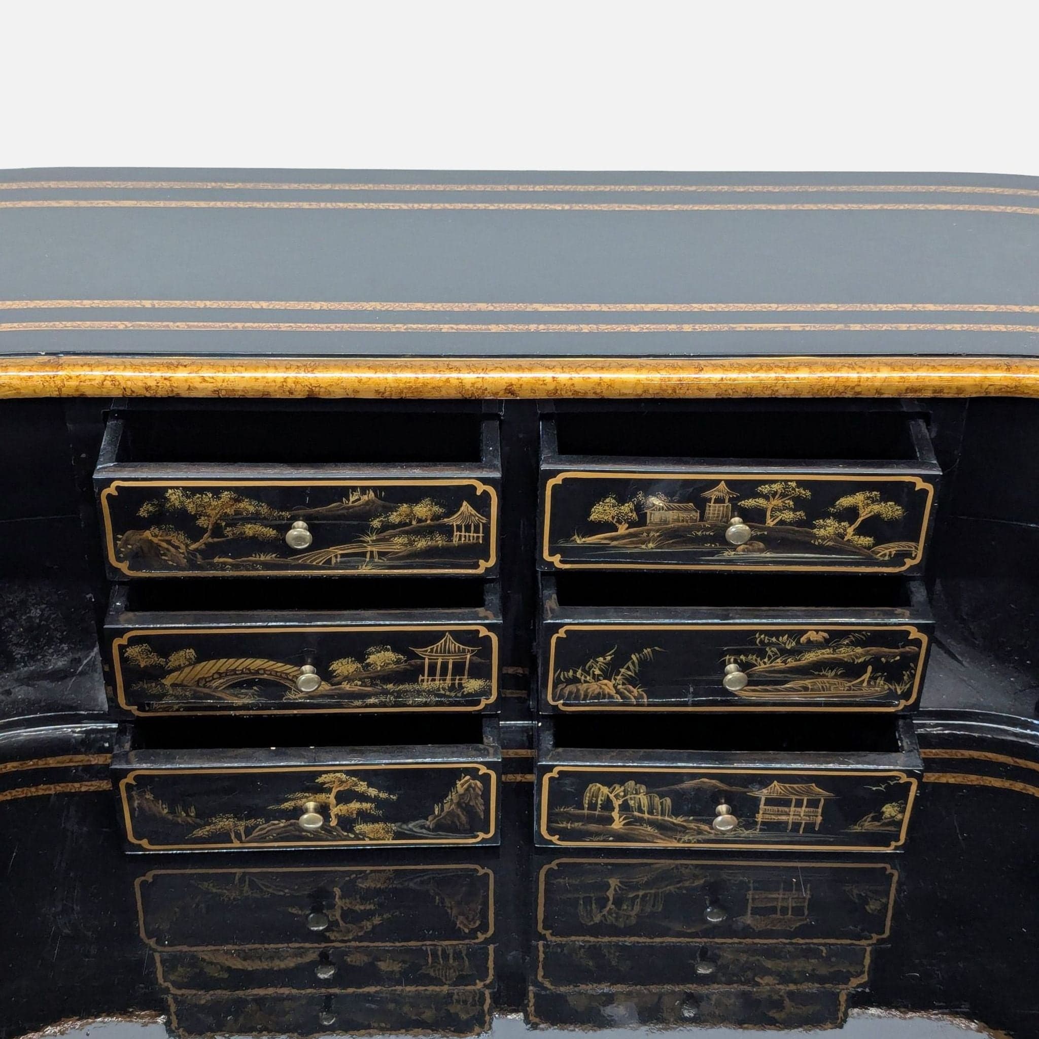 Hand-Painted Chinoiserie Desk and Chair in Black Lacquer - Thumbnail 7