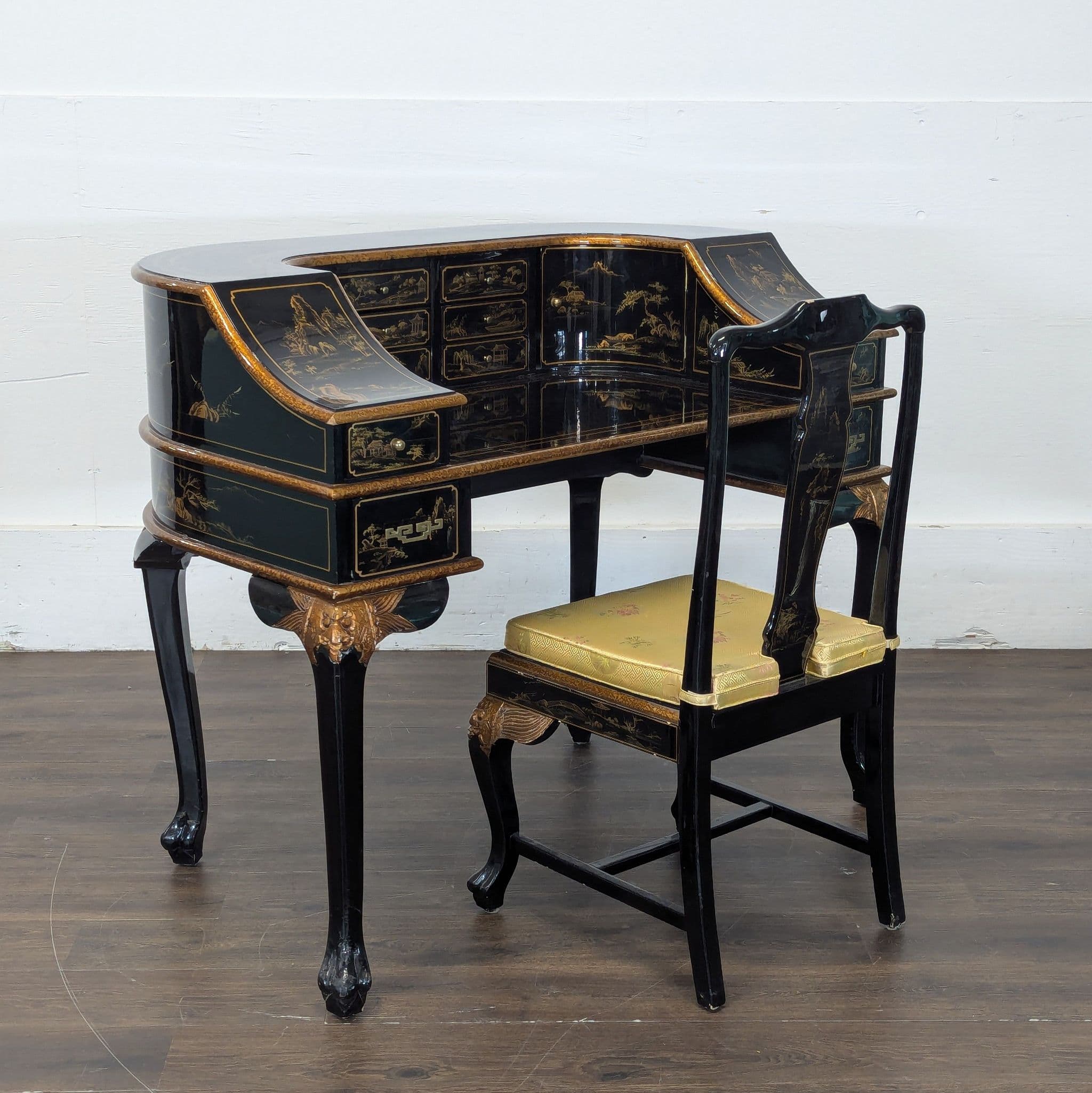 Hand-Painted Chinoiserie Desk and Chair in Black Lacquer