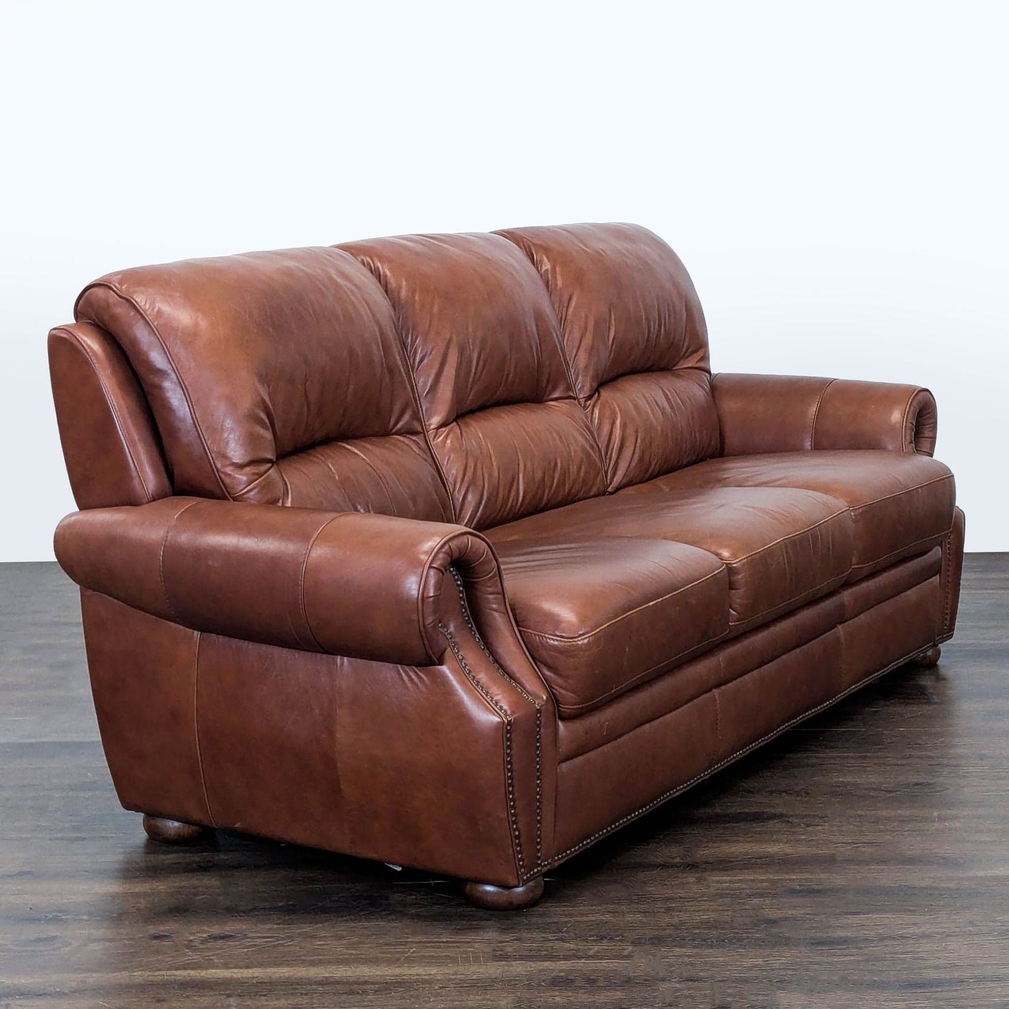 Classic Brown Leather 3-Seat Sofa with Rolled Arms - Thumbnail 2