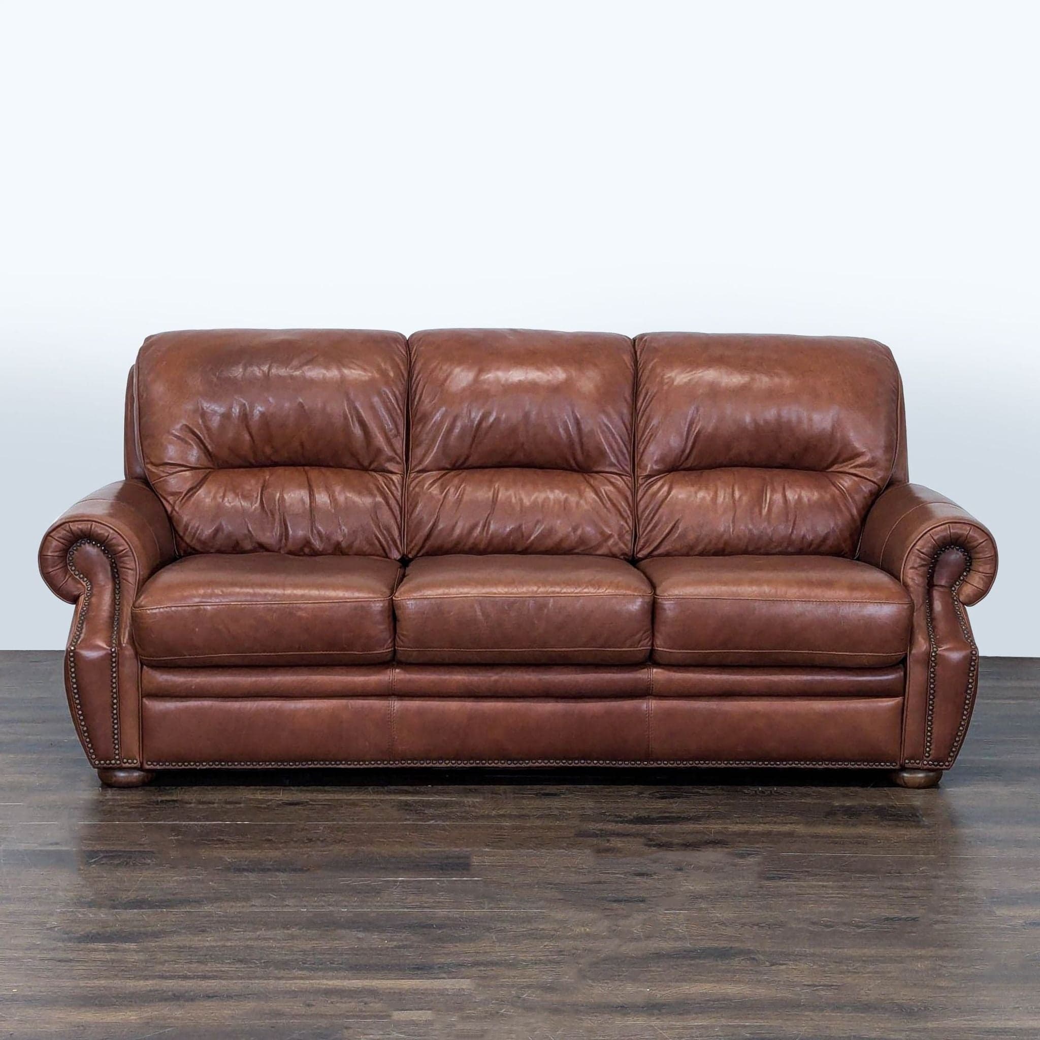 Classic Brown Leather 3-Seat Sofa with Rolled Arms - Image 1