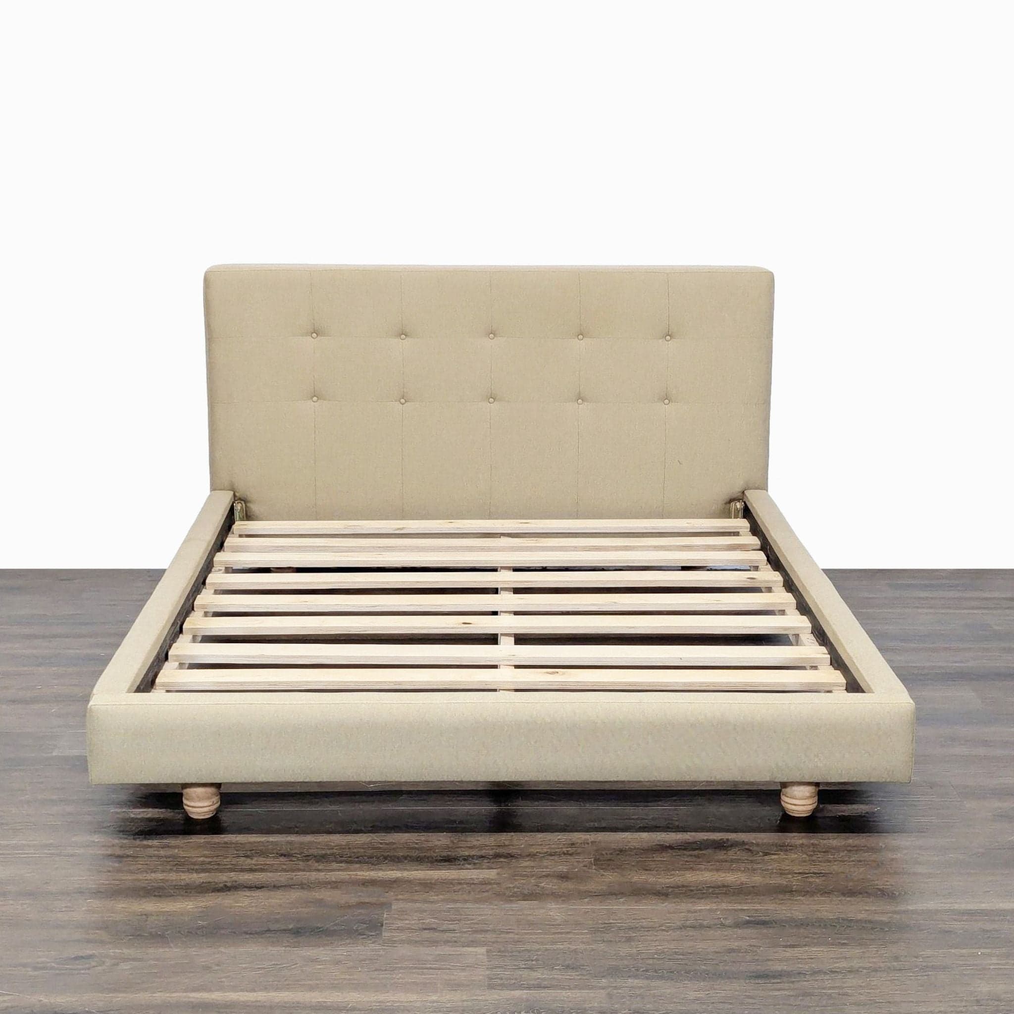 Crate & Barrel Tate Beige Upholstered Bed Frame with Tufted Headboard - Image 1
