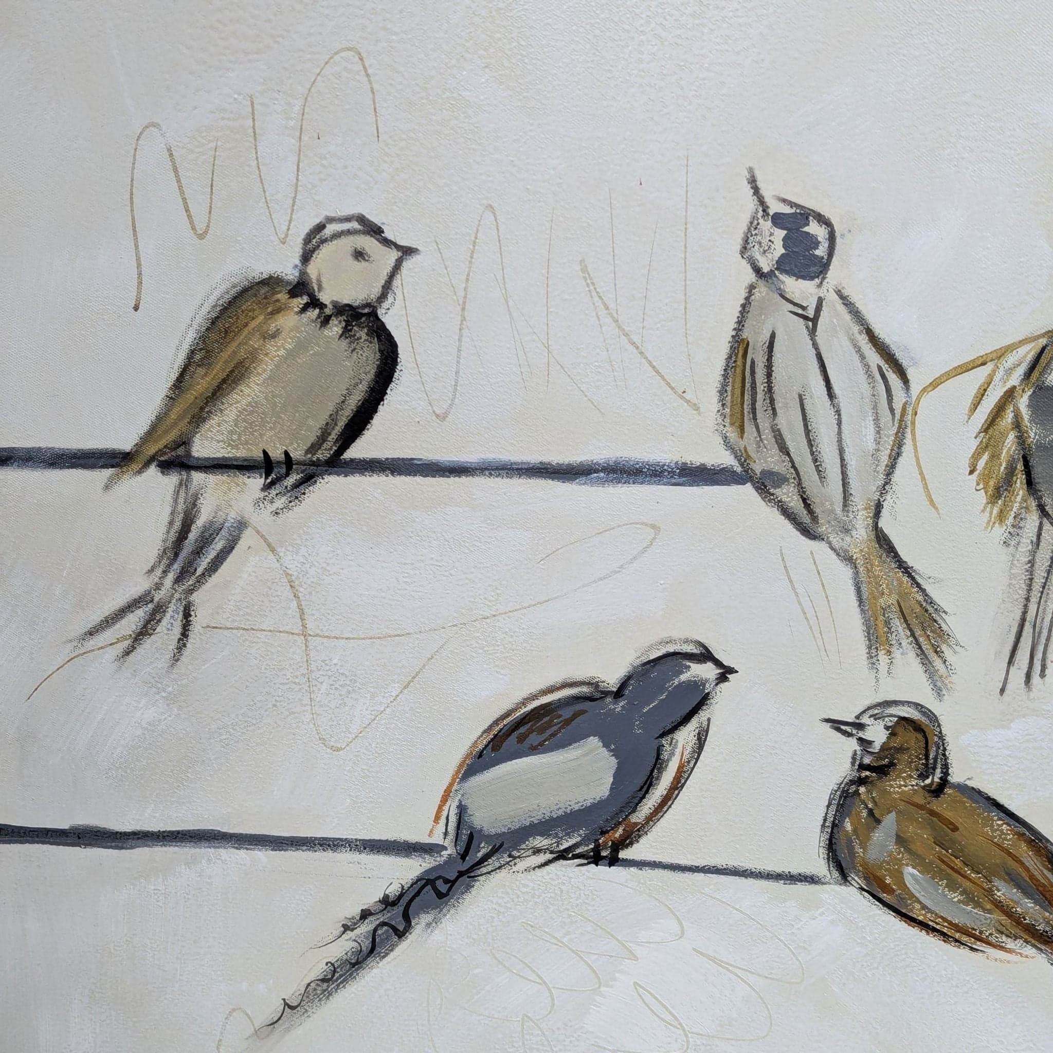 Framed Bird Drawing on Wires – Large Wall Art Painting - Thumbnail 2