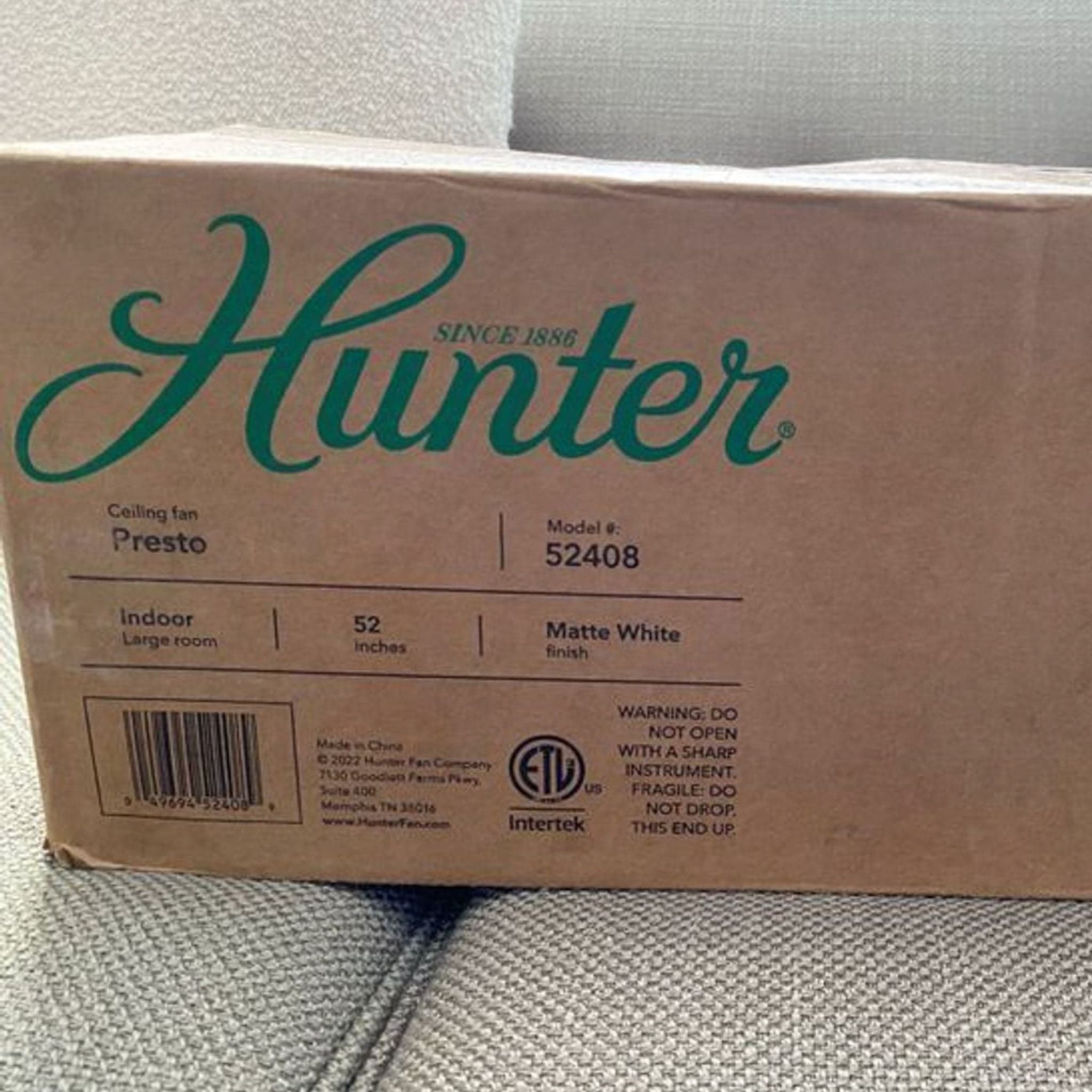 Hunter Presto 52-Inch Modern White Ceiling Fan - New in Box - Thumbnail 6