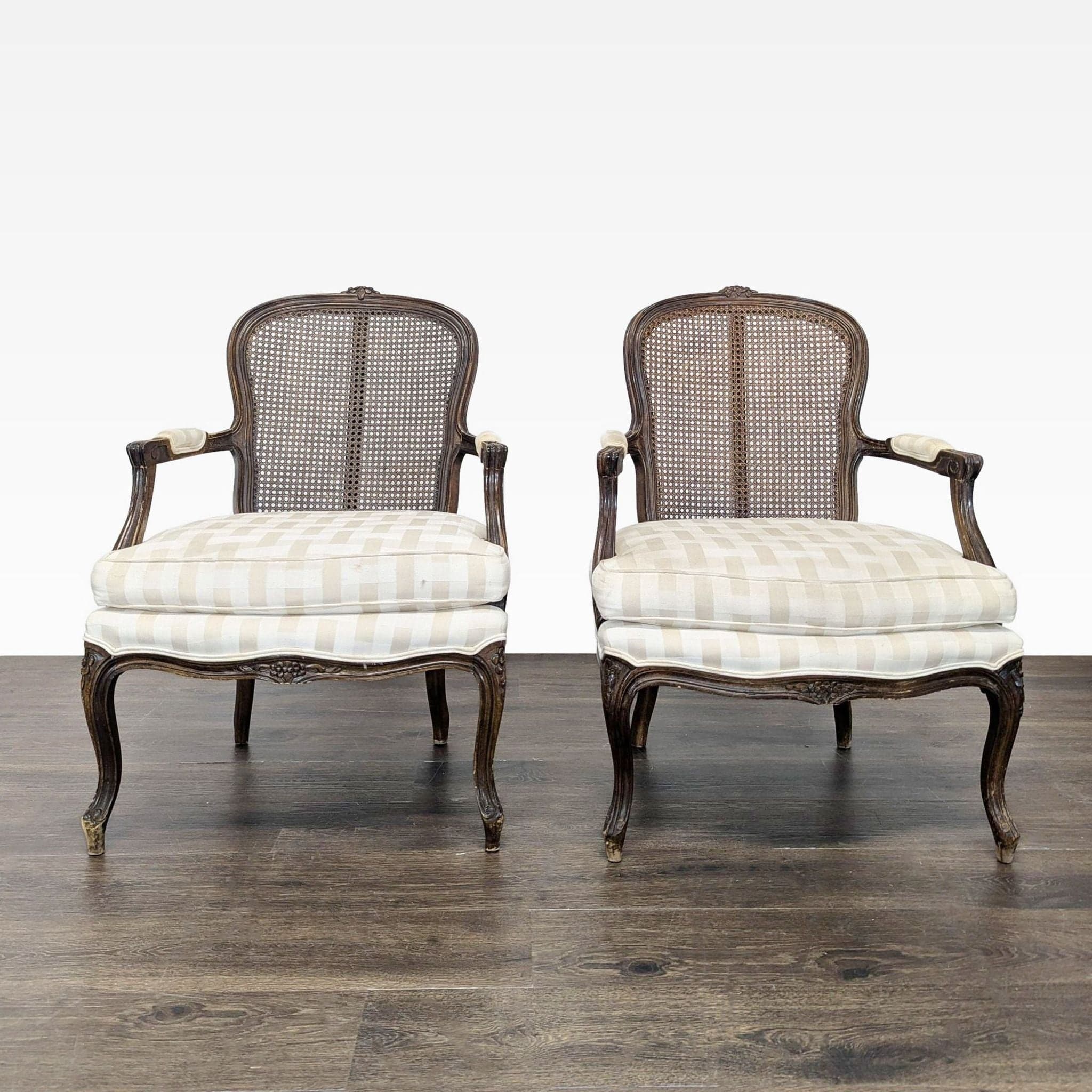 Pair of Vintage French Style Chairs with Cane Back and Cushioned Seats - Image 1