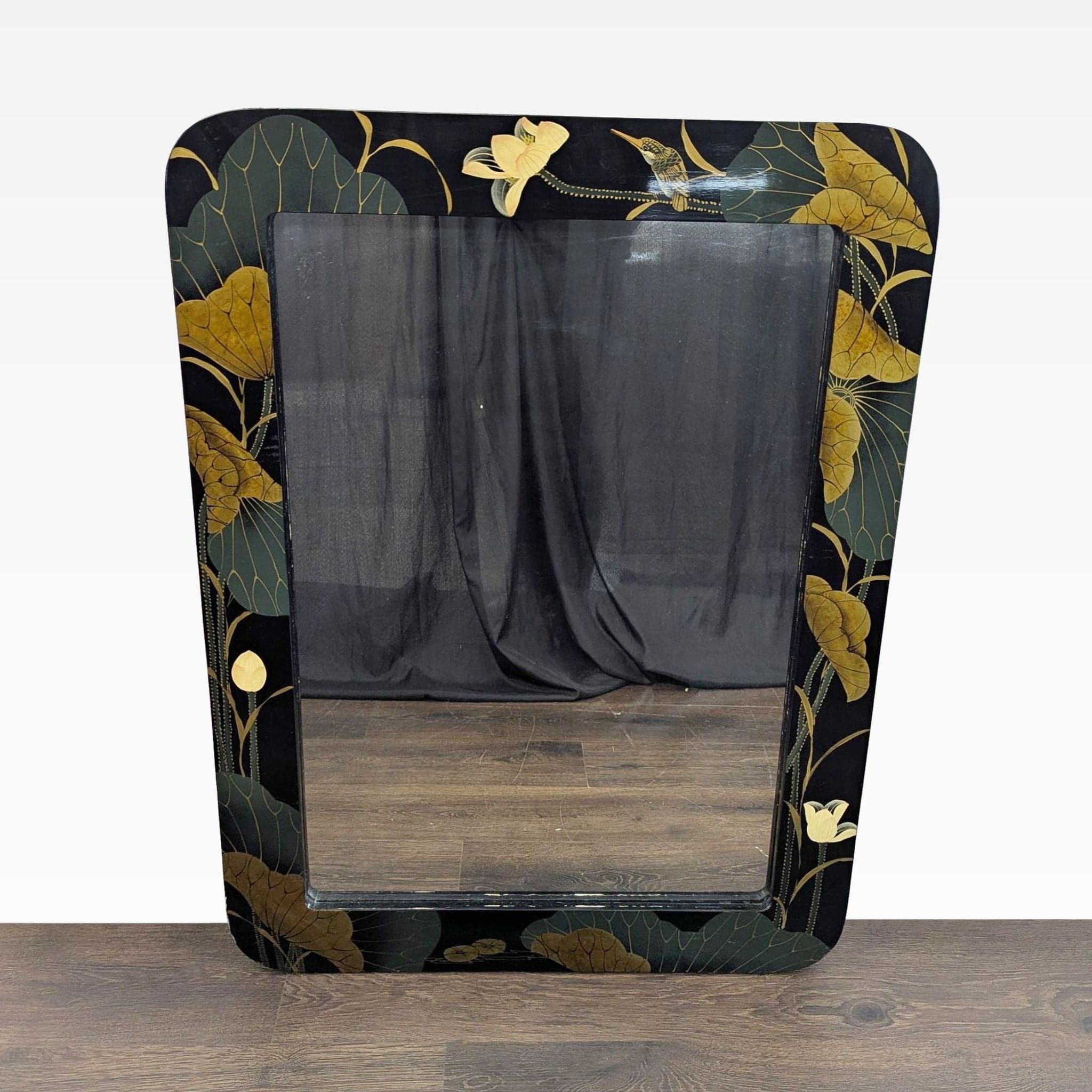 Asian Inspired Lacquered Wood Framed Mirror - Image 1