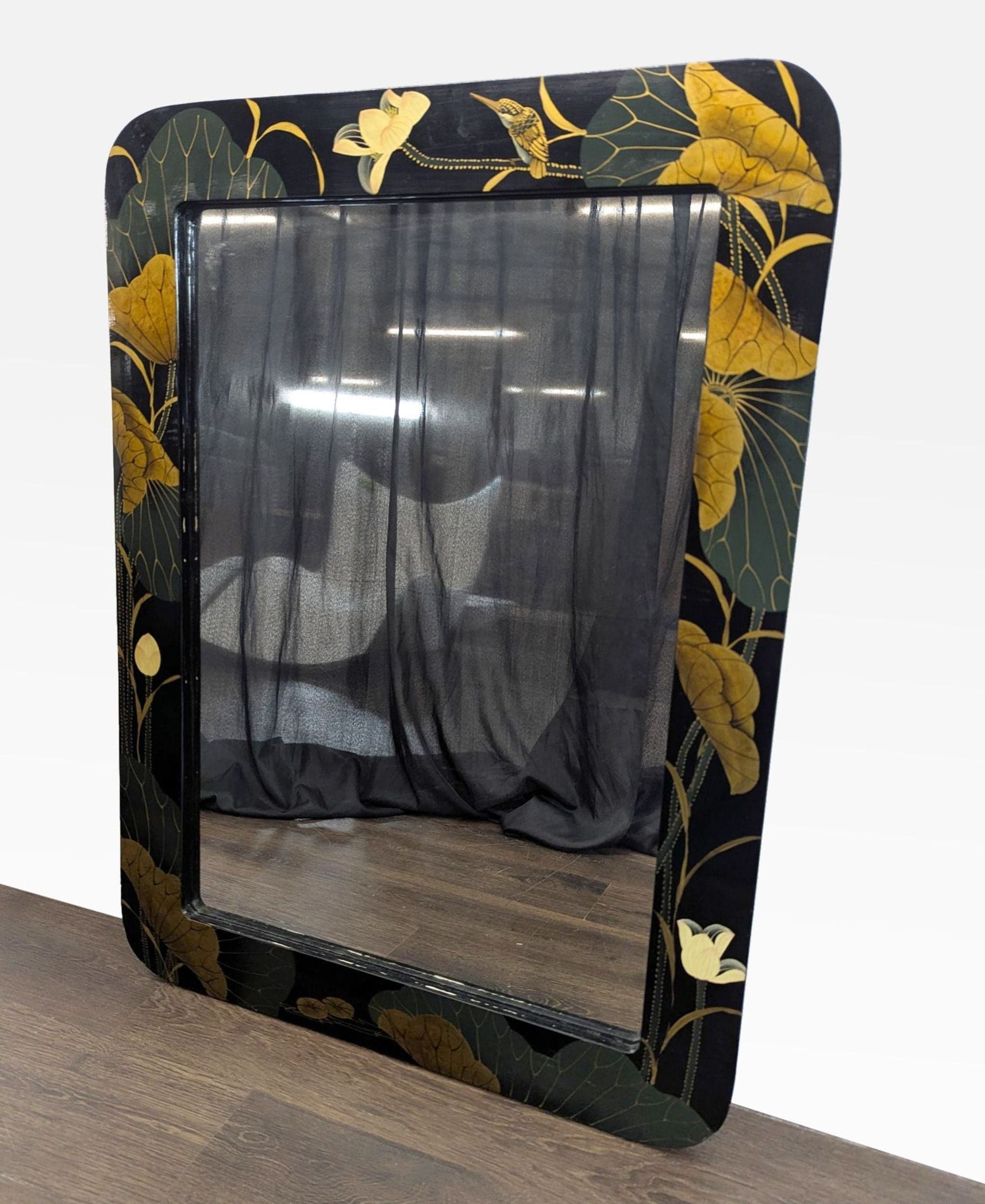 Asian Inspired Lacquered Wood Framed Mirror - Thumbnail 2