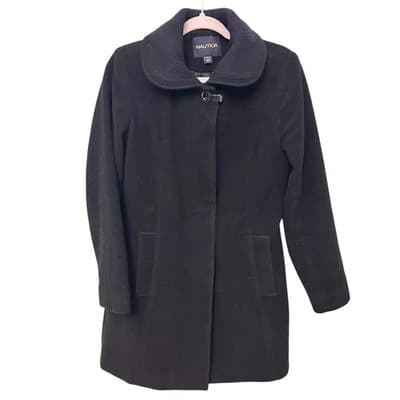 Nautica Women's Black Collared Button Front Wool Blend Coat Size Medium - Image 1