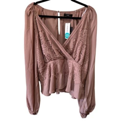 Lulus Loving Arms Taupe Lace Long Sleeve Peplum Top XL - Thumbnail 3