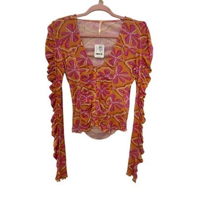 Free People Through the Meadow Ruched V Neck Blouse XS - Thumbnail 5