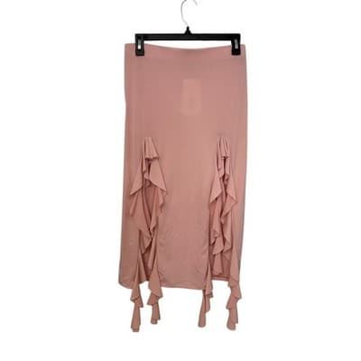 Aqua Lettuce Front Slits Midi Skirt Rose L - Thumbnail 3