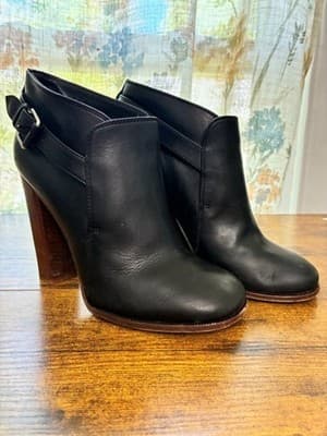Celine Phoebe Philo Black Leather Ankle Booties with Brown Stacked Heel - Image 1