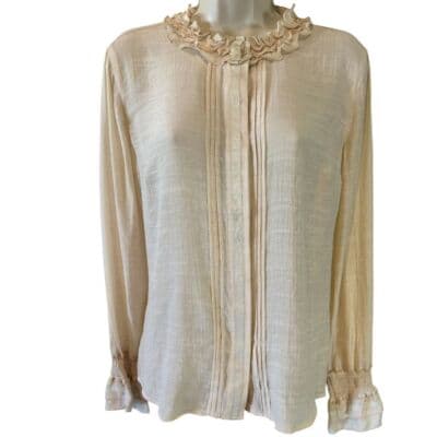 Spanner Tapestry Light Beige Ruffled Collar Blouse Elegant Long Sleeve Top 10 - Image 1