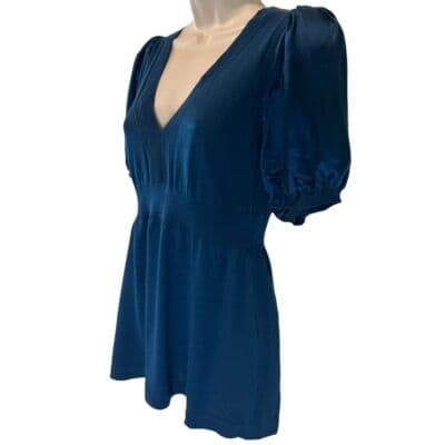 BCBGMAXAZRIA Elegant Blue Puff Sleeve V-Neck Silk Blend Top Women's S - Thumbnail 5