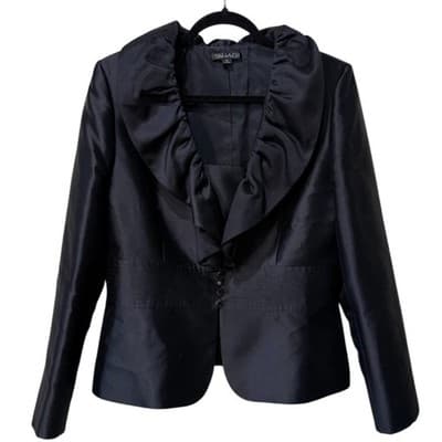 Tahari Ruffle Collar Blazer Jacket Silk Blend Career Formal Black Size 12 - Image 1