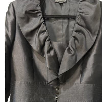 Tahari Ruffle Collar Blazer Jacket Silk Blend Career Formal Black Size 12 - Thumbnail 3