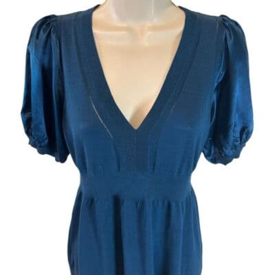 BCBGMAXAZRIA Elegant Blue Puff Sleeve V-Neck Silk Blend Top Women's S - Thumbnail 2