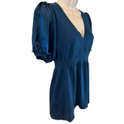 BCBGMAXAZRIA Elegant Blue Puff Sleeve V-Neck Silk Blend Top Women's S - Thumbnail 4