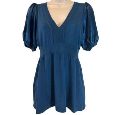 BCBGMAXAZRIA Elegant Blue Puff Sleeve V-Neck Silk Blend Top Women's S - Image 1