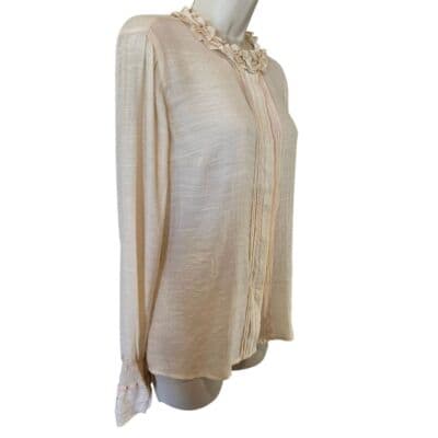 Spanner Tapestry Light Beige Ruffled Collar Blouse Elegant Long Sleeve Top 10 - Thumbnail 5