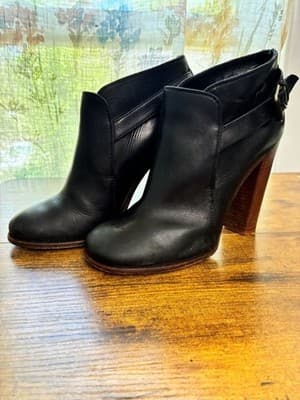 Celine Phoebe Philo Black Leather Ankle Booties with Brown Stacked Heel - Thumbnail 2
