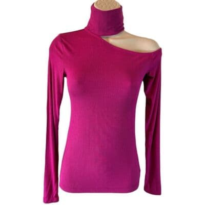 BCBGMAXAZRIA Cherry Ribbed Turtleneck Cut-Out Shoulder Top XXXS - Image 1