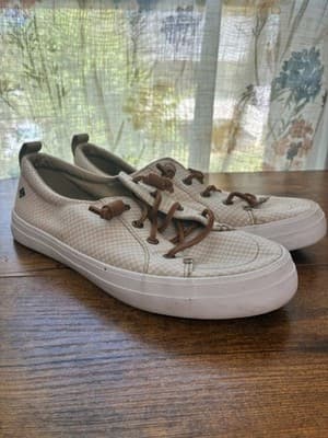 Sperry Light Beige Canvas Boat Sneakers with Brown Laces 7.5 - Image 1