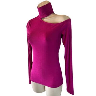 BCBGMAXAZRIA Cherry Ribbed Turtleneck Cut-Out Shoulder Top XXXS - Thumbnail 4