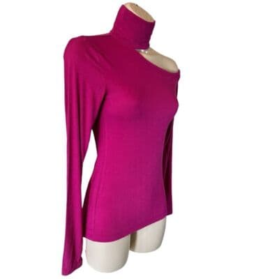 BCBGMAXAZRIA Cherry Ribbed Turtleneck Cut-Out Shoulder Top XXXS - Thumbnail 3