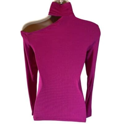 BCBGMAXAZRIA Cherry Ribbed Turtleneck Cut-Out Shoulder Top XXXS - Thumbnail 6