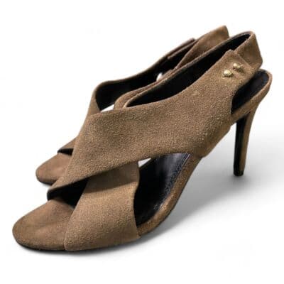 Sandro Olive Green Suede Crossover Slingback Stiletto Heels with Gold Studs - Thumbnail 2