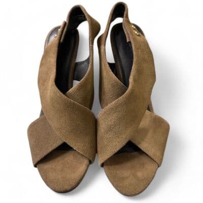 Sandro Olive Green Suede Crossover Slingback Stiletto Heels with Gold Studs - Thumbnail 4